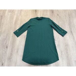 ZARA Green Textured Shift Dress Women's Small Long Sleeve Button Cuff Midi